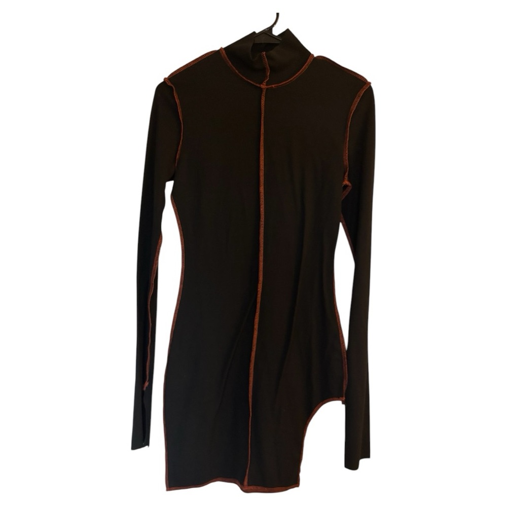 NWOT black long sleeve orange contrast cut out mockneck goth bodycon mini dress - Picture 2 of 7